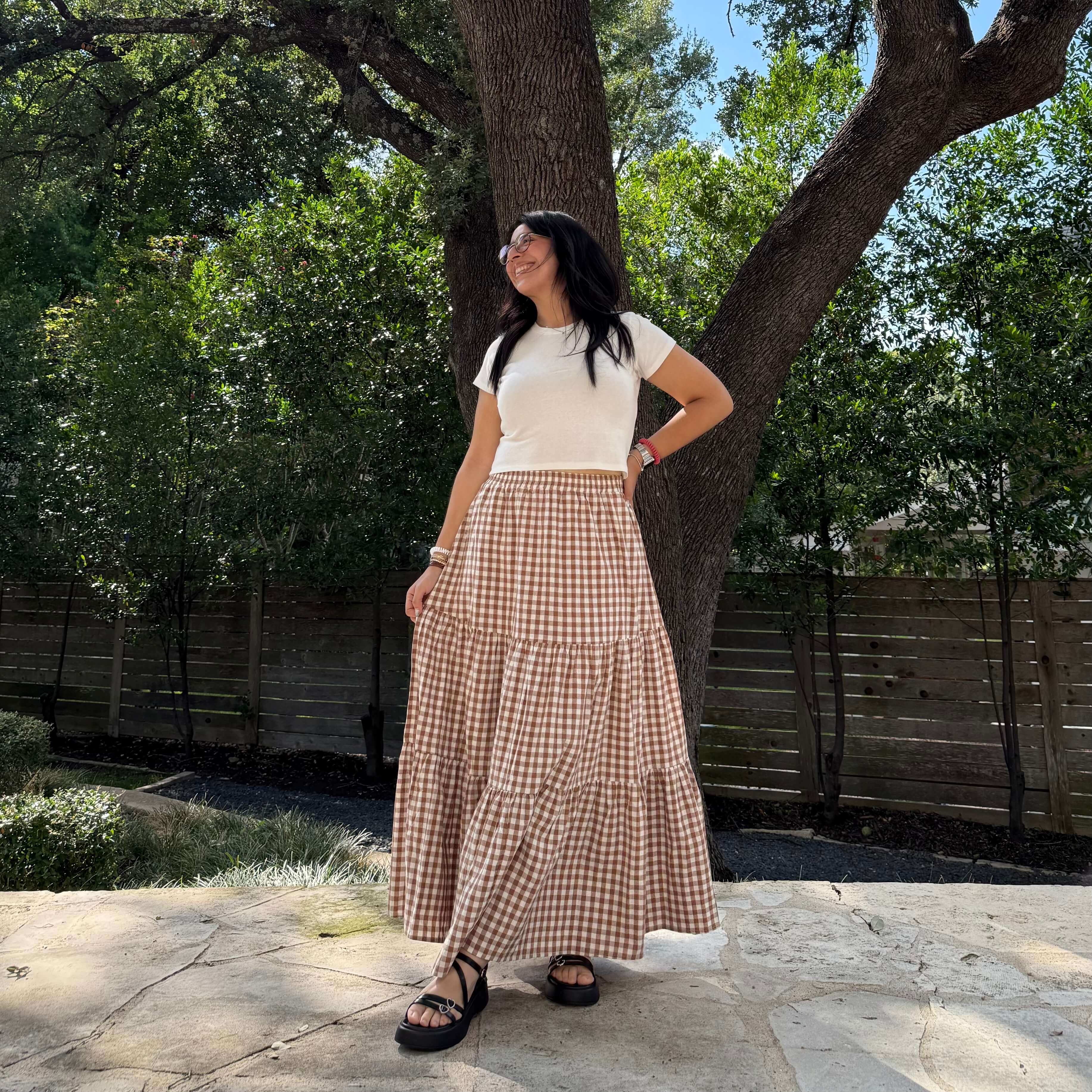 Gingham Long Skirt - Chestnut