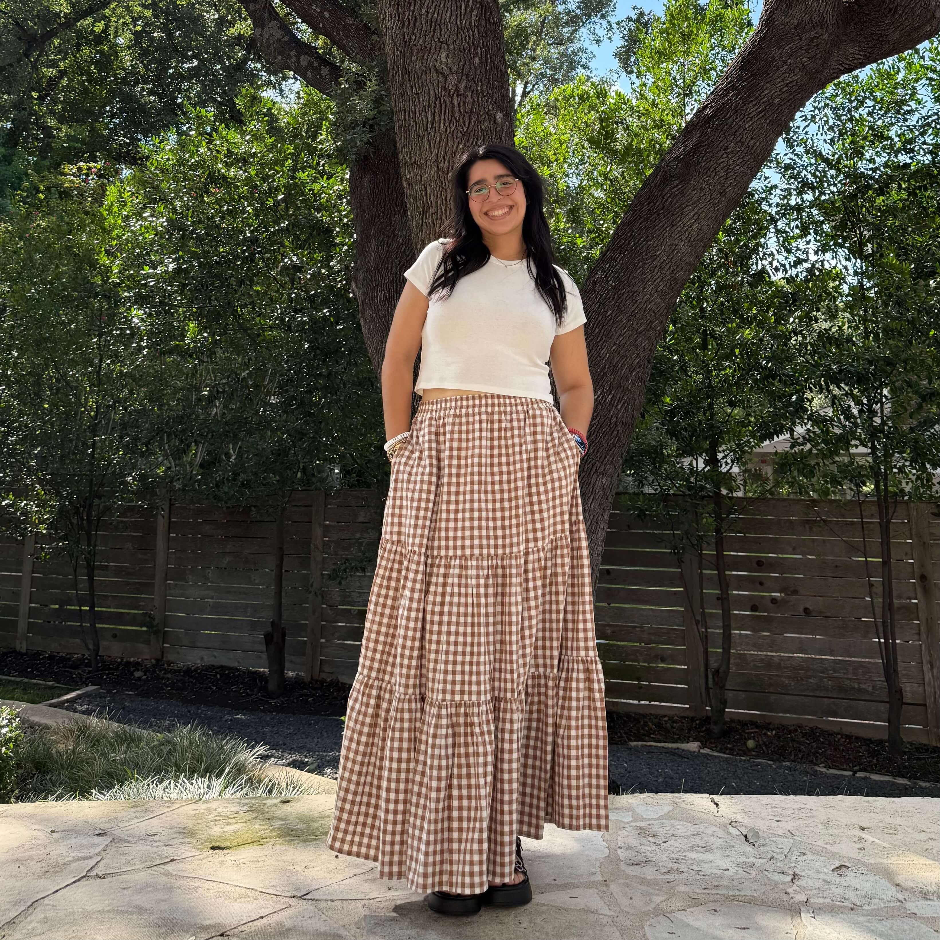 Gingham Long Skirt - Chestnut