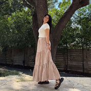 Gingham Long Skirt - Chestnut